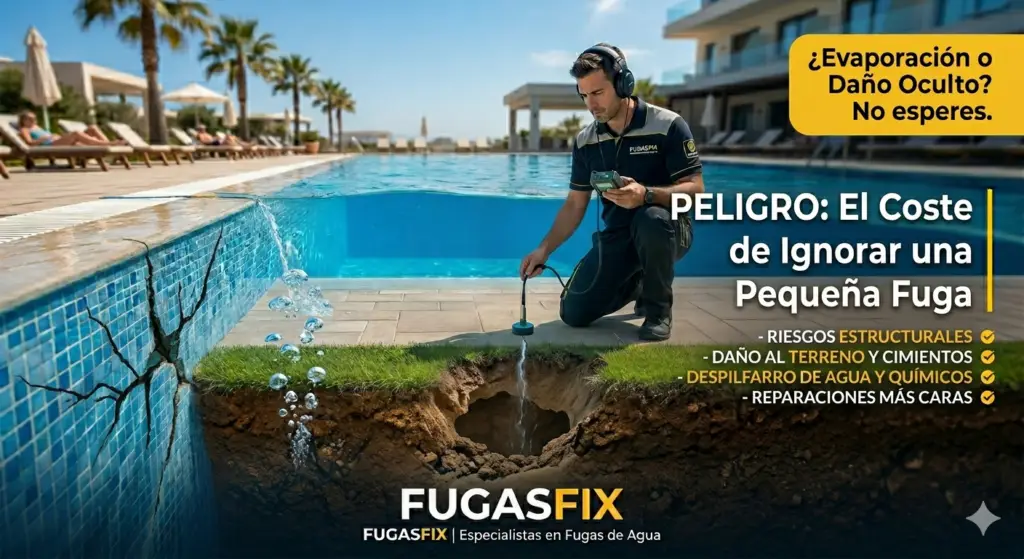 Infografía de FugasFix sobre los riesgos de ignorar una pequeña fuga en la piscina