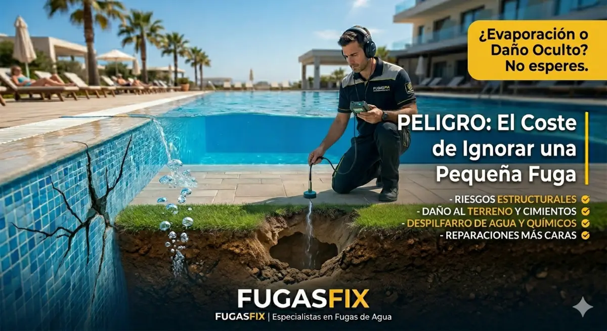 Infografía de FugasFix sobre los riesgos de ignorar una pequeña fuga en la piscina
