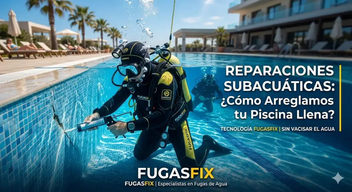 Buzo técnico de FugasFix reparando una fuga subacuática sin vaciar la piscina