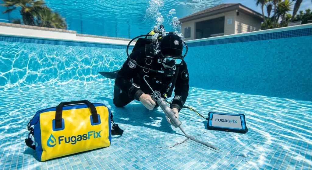 Buzo técnico de FugasFix sellando una grieta en el revestimiento de una piscina bajo el agua