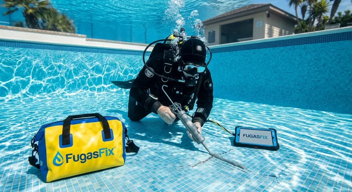 Buzo técnico de FugasFix sellando una grieta en el revestimiento de una piscina bajo el agua