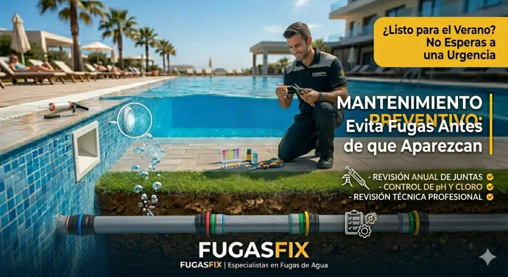Infografía de FugasFix sobre mantenimiento preventivo para evitar fugas antes del verano