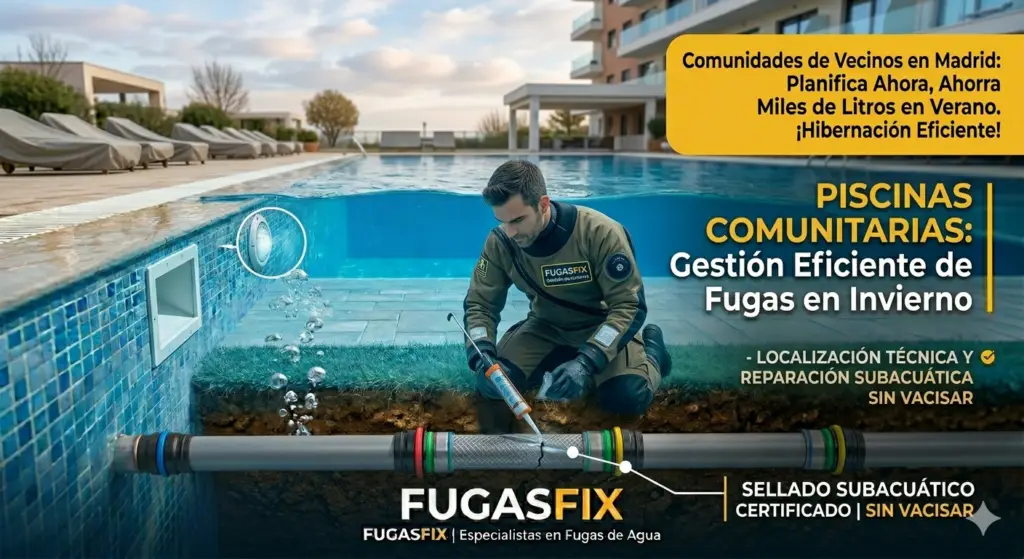 Infografía de FugasFix sobre gestión de fugas en piscinas comunitarias durante el invierno en Madrid