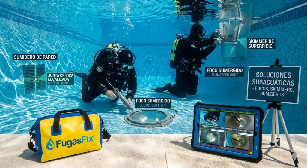 Buzos técnicos de FugasFix revisando focos, skimmers y sumideros bajo el agua