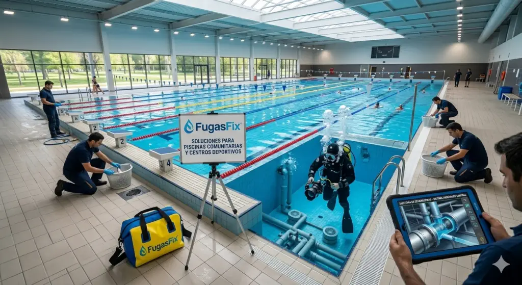 Equipo de FugasFix inspeccionando una piscina comunitaria o centro deportivo con cámara subacuática
