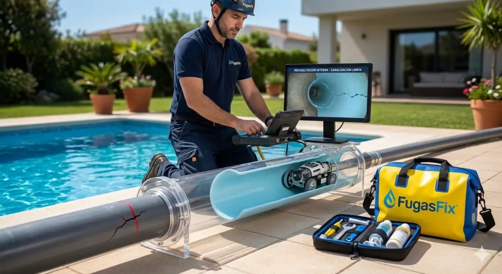 Técnico de FugasFix revisando con cámara robótica el interior de una tubería de piscina