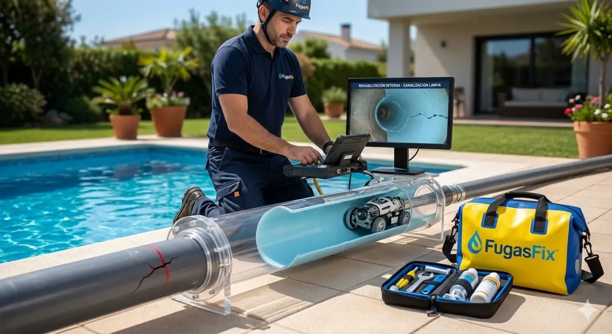 Técnico de FugasFix revisando con cámara robótica el interior de una tubería de piscina