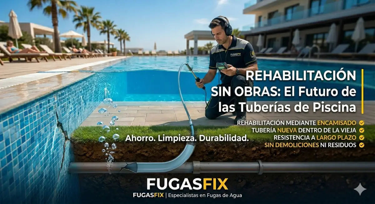 Infografía de FugasFix sobre la rehabilitación de tuberías de piscina sin obras mediante encamisado