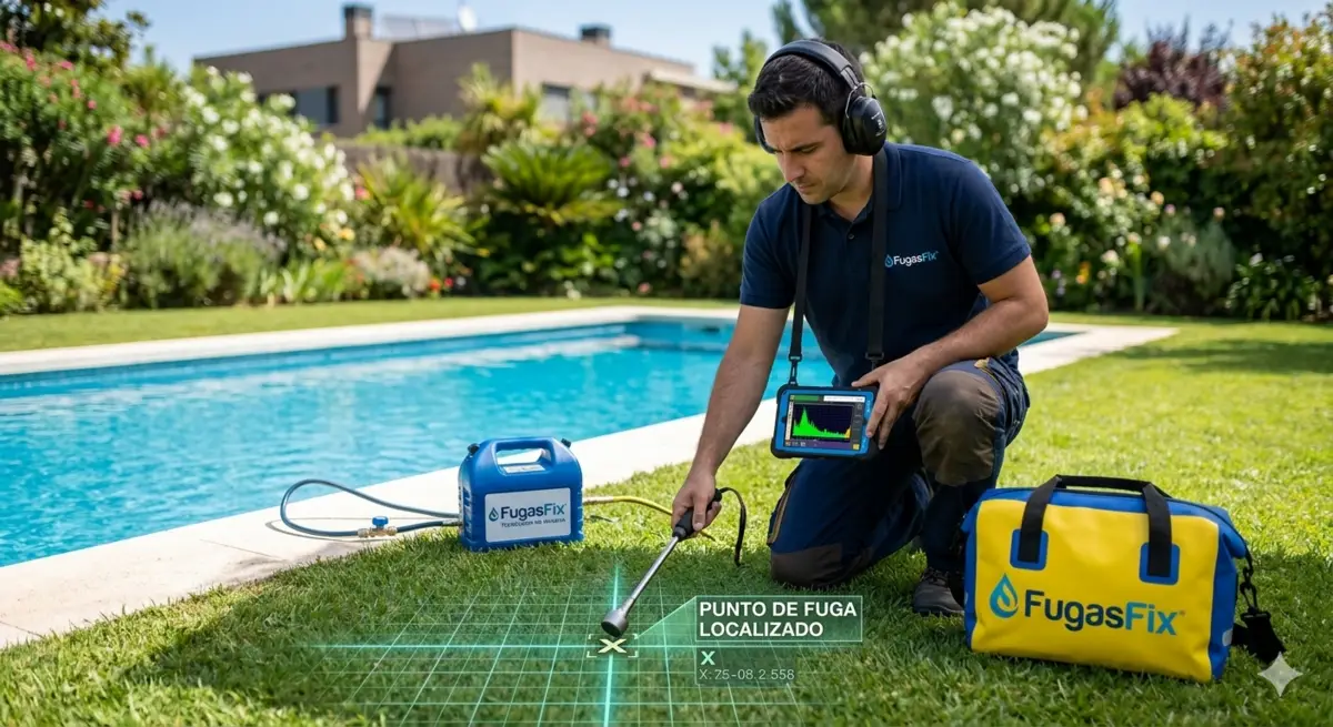 Técnico de FugasFix localizando con geófono el punto exacto de una fuga en el jardín