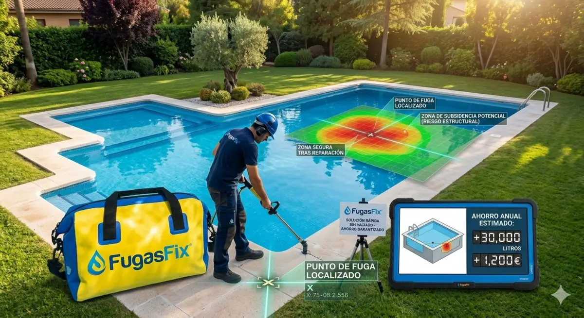 Técnico de FugasFix localizando el punto exacto de una fuga en la piscina de un jardín residencial