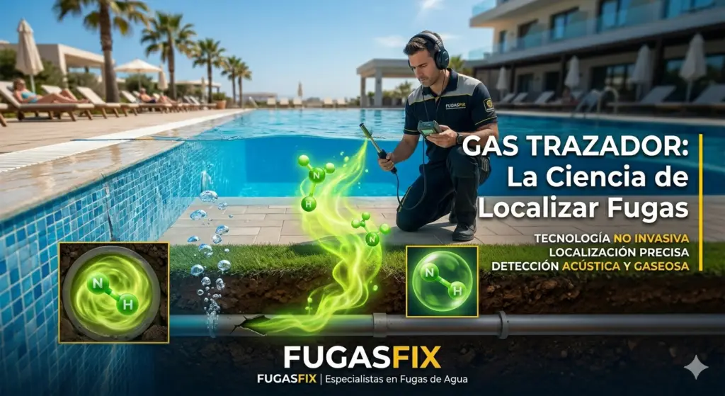 Técnico de FugasFix detectando una fuga con gas trazador, tecnología no invasiva