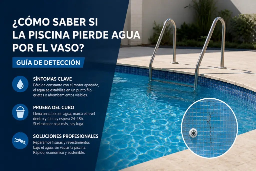 Infografía de FugasFix sobre cómo saber si una piscina pierde agua por el vaso o por una grieta