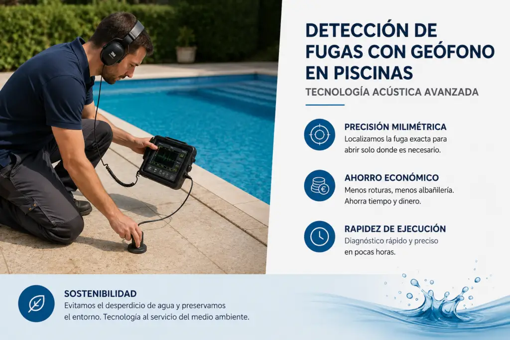 Técnico de FugasFix utilizando un geófono para detectar fugas de agua en una piscina por acústica