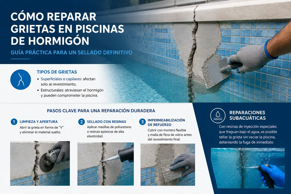 Infografía de FugasFix: pasos para reparar grietas en piscinas de hormigón sin vaciar el agua