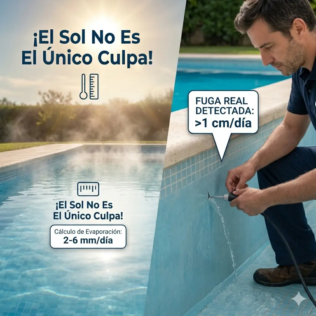 Técnico de FugasFix detectando con precisión el punto exacto de una fuga real en el revestimiento de una piscina